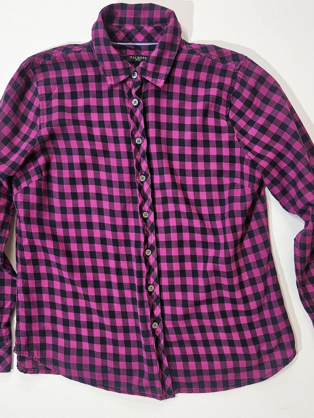 Talbots Button Down Shirt Womens Petite P Pink Black Plaid Preppy Classic